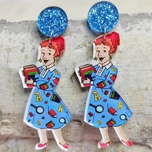 Womens Fun Blue Cartoon Novel Sparkling Teacher Themed Acrylic Drop Earrings